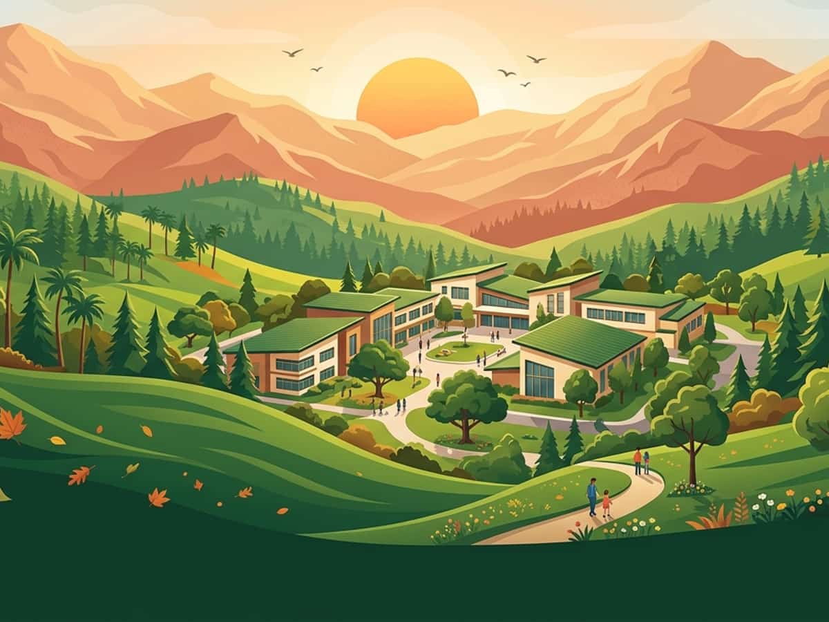 Architect's impression of the Timelly School campus at golden hour: entrance block, gate, playground and sports field